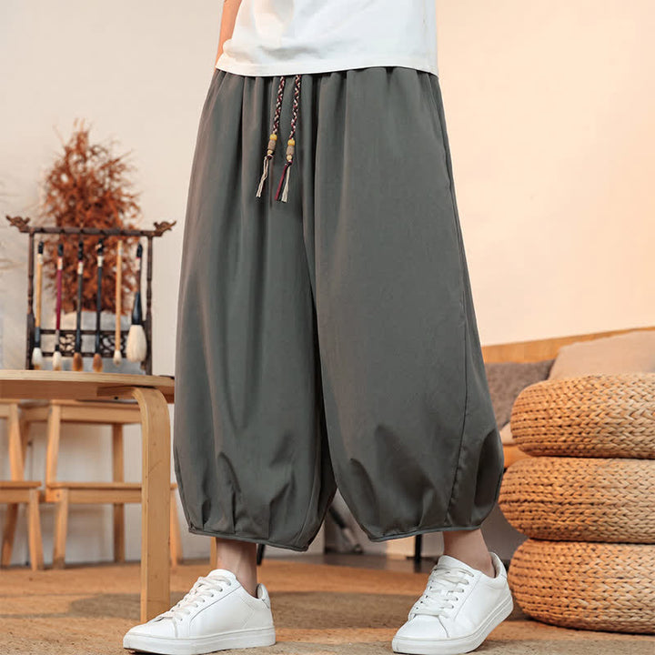 Buddha Stones Spring Summer Casual Minimalist Drawstring Solid Capri Pants Men's Harem Pants With Pocket - image 3