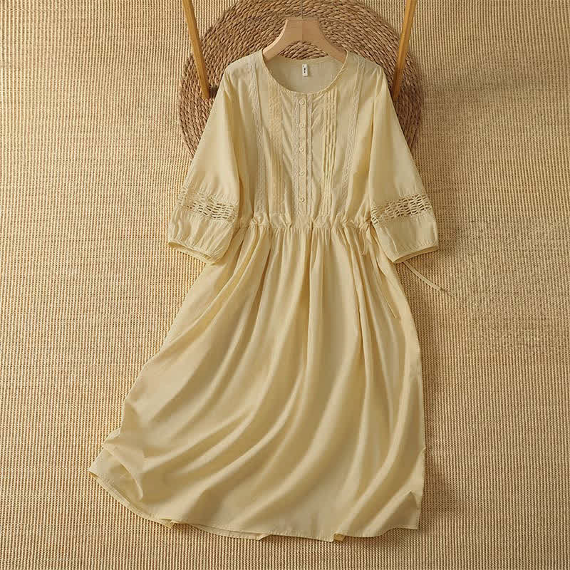 Buddha Stones 2Pcs Summer Casual Boho Solid Crew Neck Women's Elbow-Length Sleeve Dress With Pocket - PaleGoldenRod - US12, UK/AU16, EU44 (2XL) - image 0