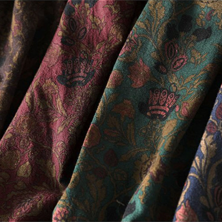 Buddha Stones Retro Floral Pattern A-line Design Long Sleeve Women's Midi Dress - image 15