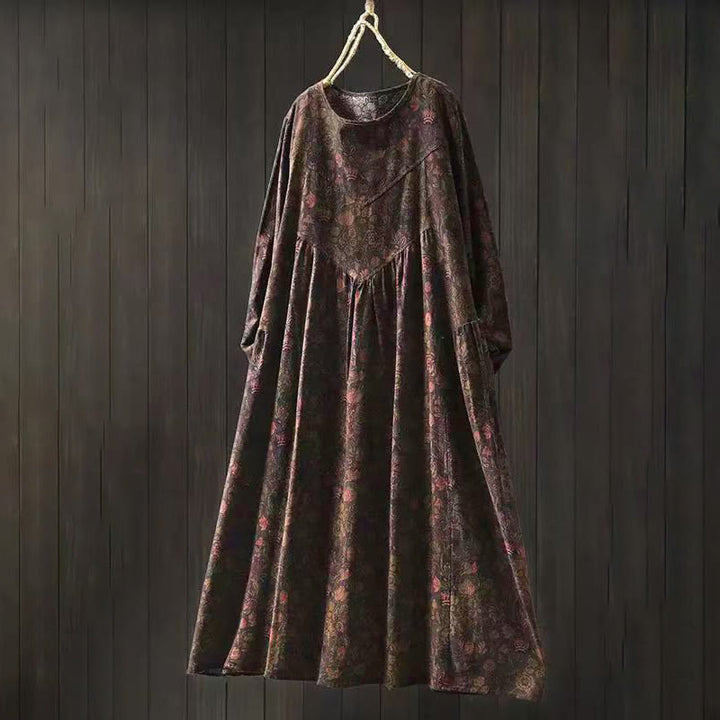 Buddha Stones Retro Floral Pattern A-line Design Long Sleeve Women's Midi Dress - SaddleBrown - US4-8/10，UK/AU8-12/14，EU36-40/42 (F) - image 13