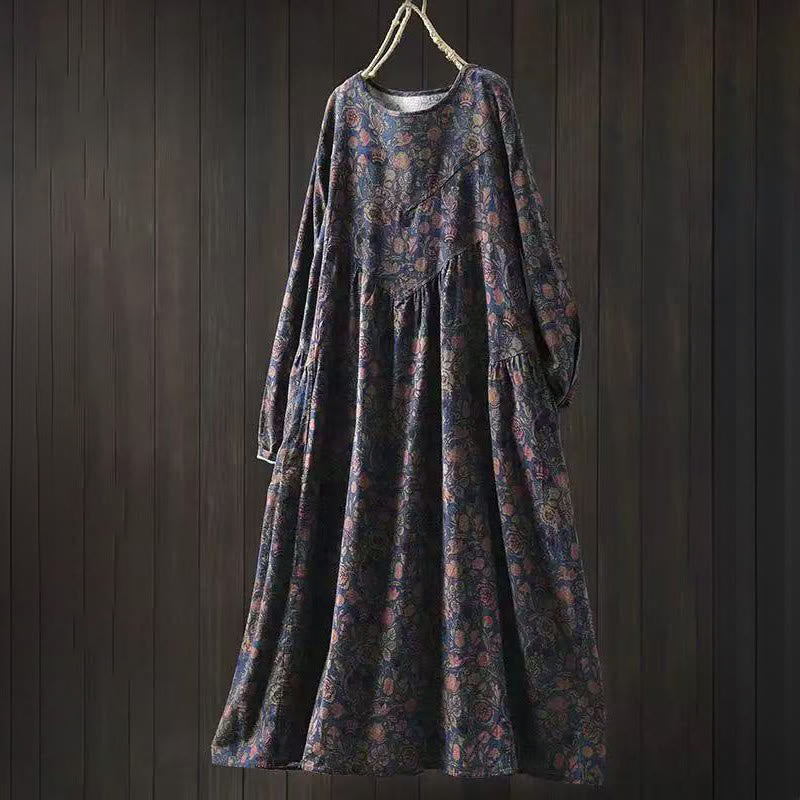 Buddha Stones Retro Floral Pattern A-line Design Long Sleeve Women's Midi Dress - DarkBlue - US4-8/10，UK/AU8-12/14，EU36-40/42 (F) - image 11