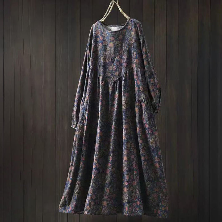 Buddha Stones Retro Floral Pattern A-line Design Long Sleeve Women's Midi Dress - DarkBlue - US4-8/10，UK/AU8-12/14，EU36-40/42 (F) - image 11