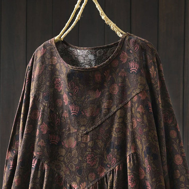 Buddha Stones Retro Floral Pattern A-line Design Long Sleeve Women's Midi Dress - image 14