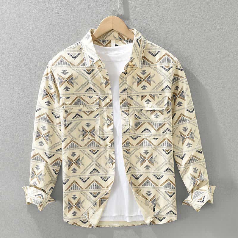 Buddha Stones Spring Fall Casual Boho Button-Up Geometric Cotton Men's Long Sleeve Shirts With Pocket - Khaki - US/UK/AU42, EU52 (3XL) - image 0