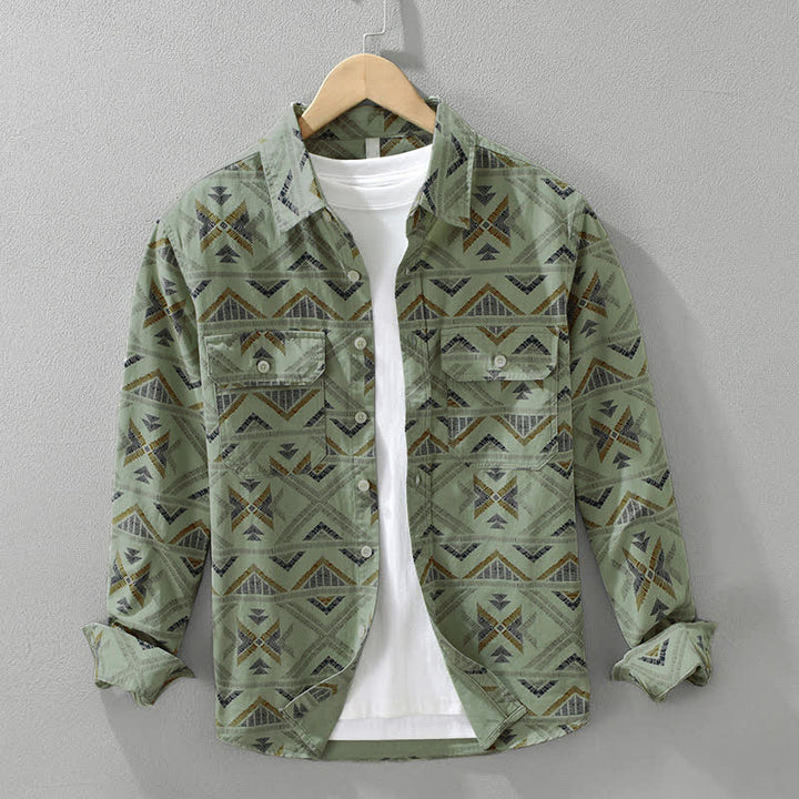 Buddha Stones Spring Fall Casual Boho Button-Up Geometric Cotton Men's Long Sleeve Shirts With Pocket - DarkSeaGreen - US/UK/AU42, EU52 (3XL) - image 5