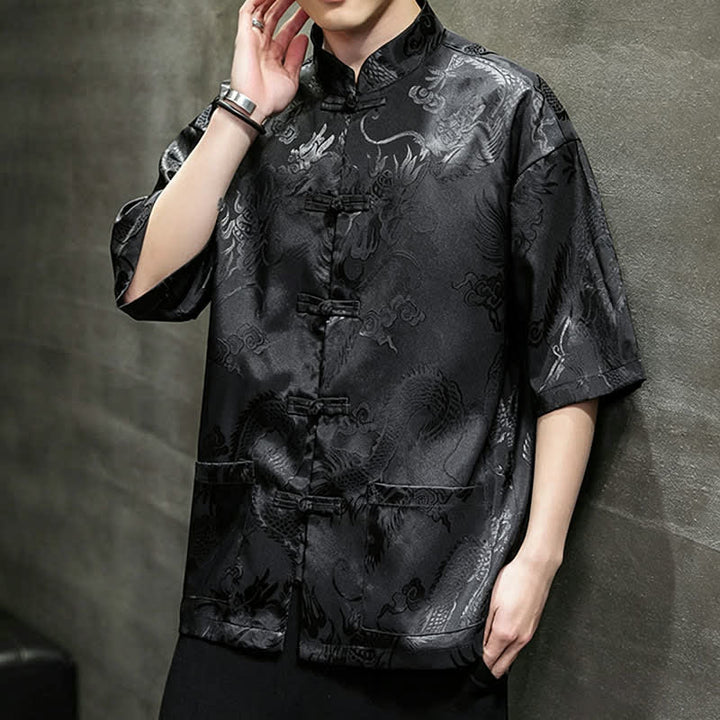 Buddha Stones Summer Tang Style Mandarin Collar Frog Button Dragon Pattern Men's Short Sleeve Shirts With Pocket - image 12