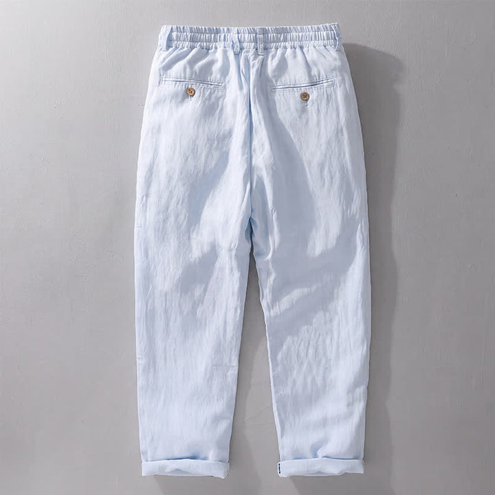 Buddha Stones Spring Summer Casual Drawstring Zipper Design Solid Linen Long Pants Men's Straight Leg Pants With Pockets - image 12