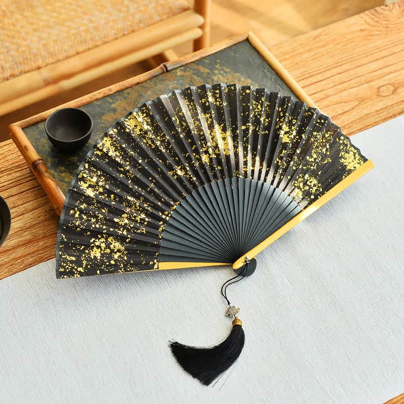 Buddha Stones Midnight Speckle Bamboo Chinese Knotting Tassel Folding Fan - Gold Splatter(Complimentary Tassel) - Closed Size: Approx. 21 cm / 8.3 in - image 0