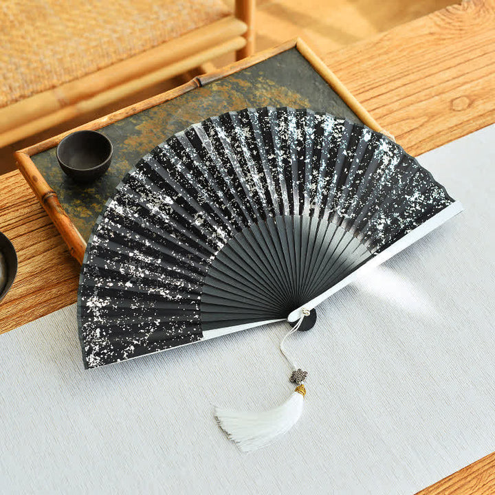 Buddha Stones Midnight Speckle Bamboo Chinese Knotting Tassel Folding Fan - Silver Splatter(Complimentary Tassel) - Closed Size: Approx. 21 cm / 8.3 in - image 3