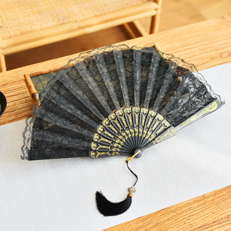 Buddha Stones Vintage Double Layer Lace Chinese Knotting Tassel Folding Fan - Black(Closed Size: Approx. 21 cm / 8.3 in) - image 1