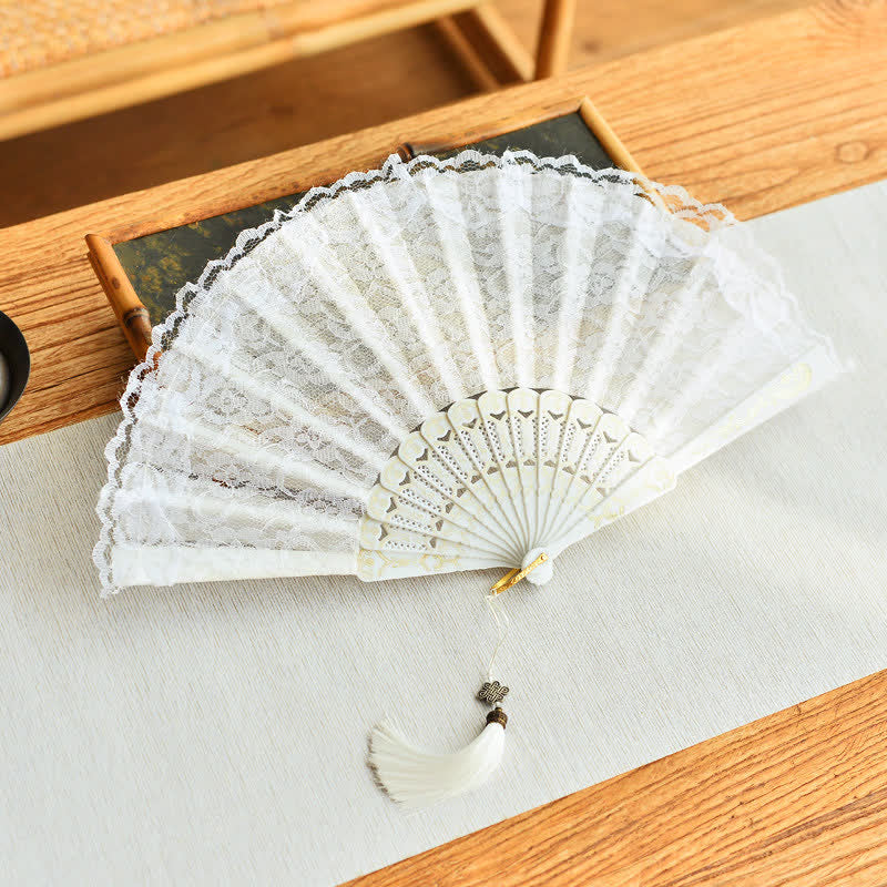 Buddha Stones Vintage Double Layer Lace Chinese Knotting Tassel Folding Fan - White(Closed Size: Approx. 21 cm / 8.3 in) - image 0