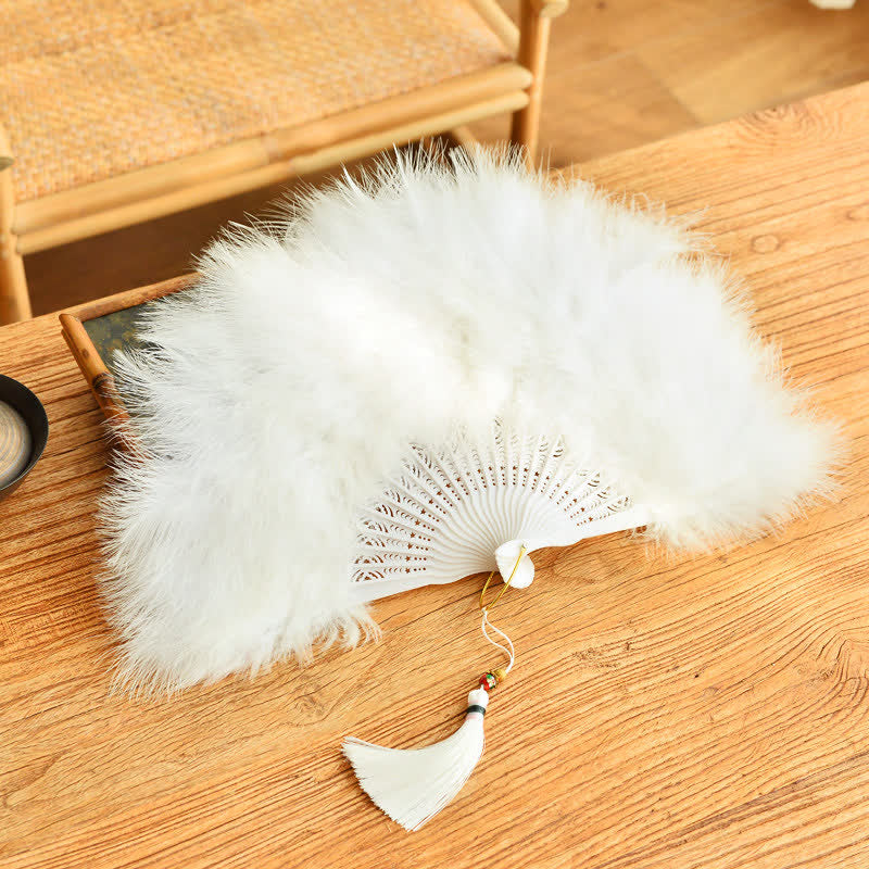 Buddha Stones Classic Feather Folding Fan for Qipao Dance and Photography - White Feather - Closed Size: Approx. 30 cm / 11.8 in - image 0