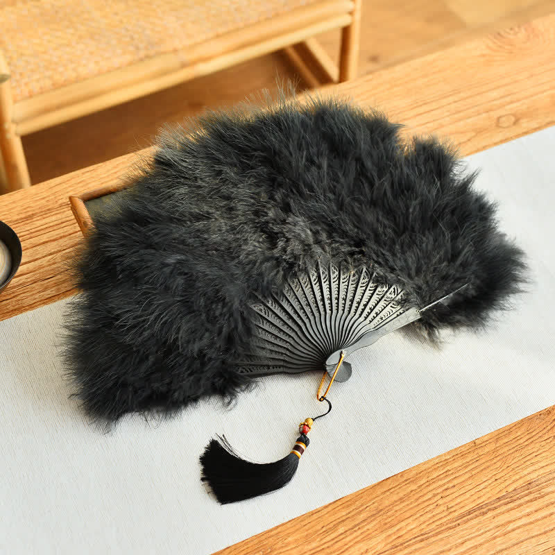 Buddha Stones Classic Feather Folding Fan for Qipao Dance and Photography - Black Feather - Closed Size: Approx. 30 cm / 11.8 in - image 1