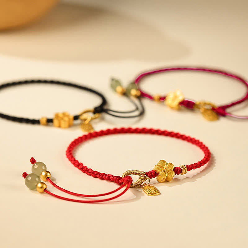 Buddha Stones Hetian Jade Small Peach Blossom Fu Character Charm Luck String Bracelet - image 1