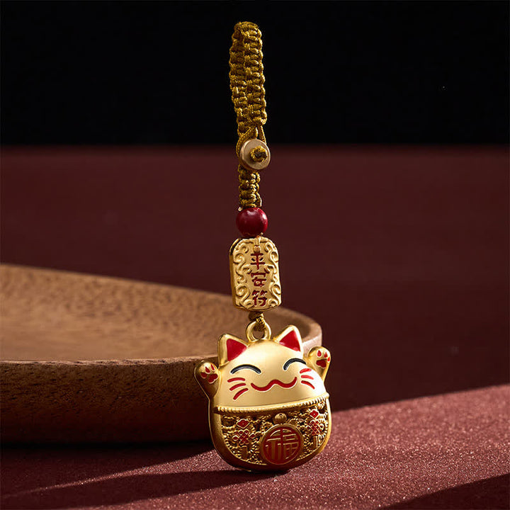 Buddha Stones Engraved Copper Fu Character Lucky Cat Braided Balance Keychains - image 10