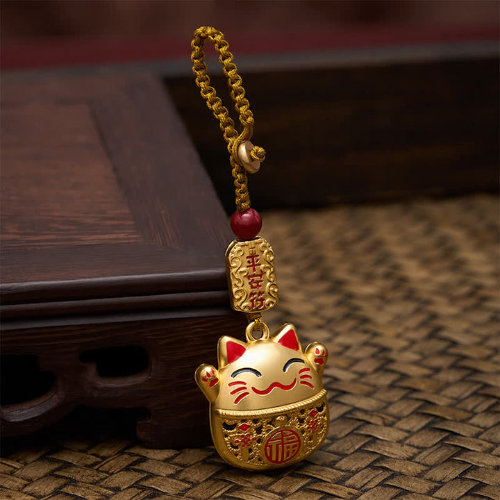 Buddha Stones Engraved Copper Fu Character Lucky Cat Braided Balance Keychains - image 12