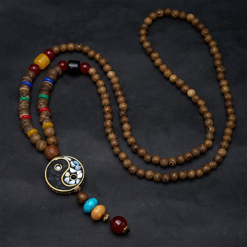 Buddha Stones Wenge Wood Yin Yang Grounding Balance Beaded Necklace - image 1
