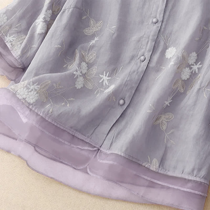 Buddha Stones Casual Embroidered Petals Spliced Women's Crew Neck Design Half Sleeve Shirt - image 2