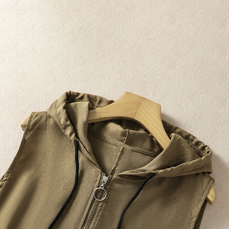 Buddha Stones Summer Casual Drawstring Solid Zipper Design Women's Sleeveless Hooded Shirts With Pockets - image 21