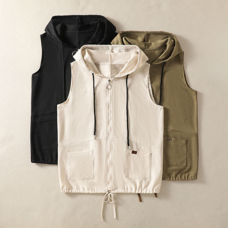 Buddha Stones Summer Casual Drawstring Solid Zipper Design Women's Sleeveless Hooded Shirts With Pockets - image 27