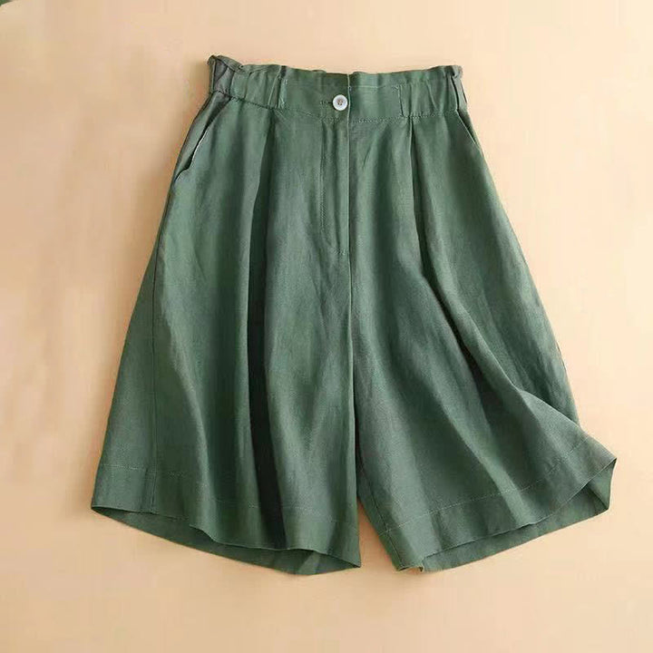 Buddha Stones Plain Color Pleated Zipper Button Cotton Linen Women's Shorts With Pockets - SeaGreen - US12，UK/AU16，EU44 (3XL) - image 13