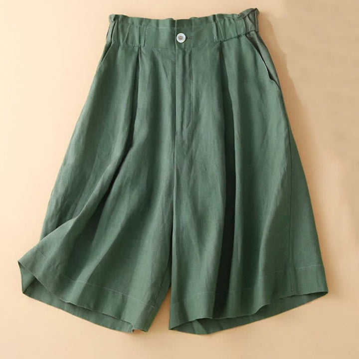 Buddha Stones Plain Color Pleated Zipper Button Cotton Linen Women's Shorts With Pockets - image 14