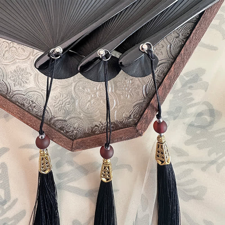 Buddha Stones Black Bamboo Koi Fish Lotus Osmanthus Swallows Dragonfly Pattern Folding Fan - image 8