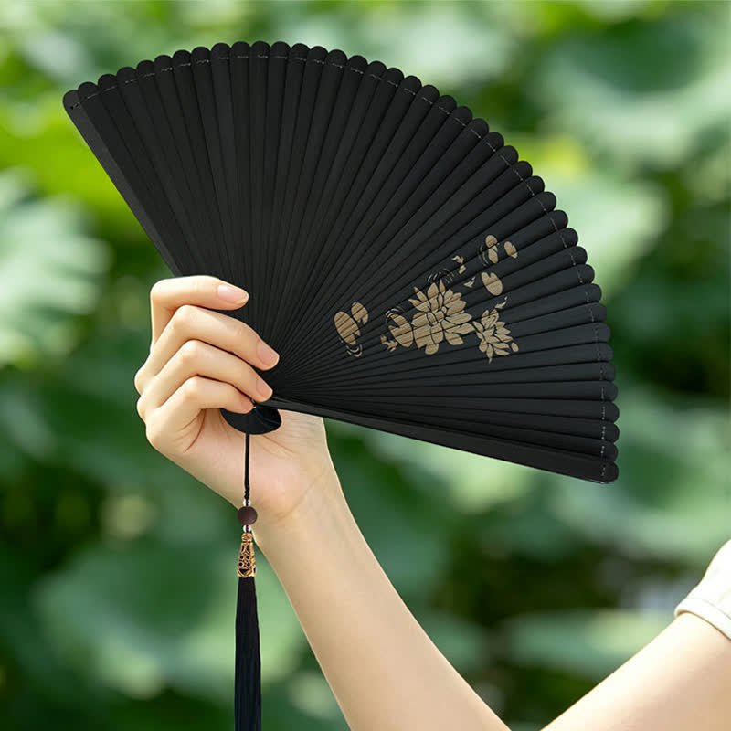 Buddha Stones Black Bamboo Koi Fish Lotus Osmanthus Swallows Dragonfly Pattern Folding Fan - image 2