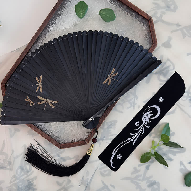 Buddha Stones Black Bamboo Koi Fish Lotus Osmanthus Swallows Dragonfly Pattern Folding Fan - image 15