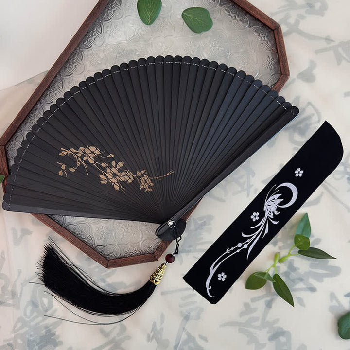 Buddha Stones Black Bamboo Koi Fish Lotus Osmanthus Swallows Dragonfly Pattern Folding Fan - Tea Branches in the Breeze(Closed Size: Approx. 18 cm/7.1 in) - Decorative Fan - image 13