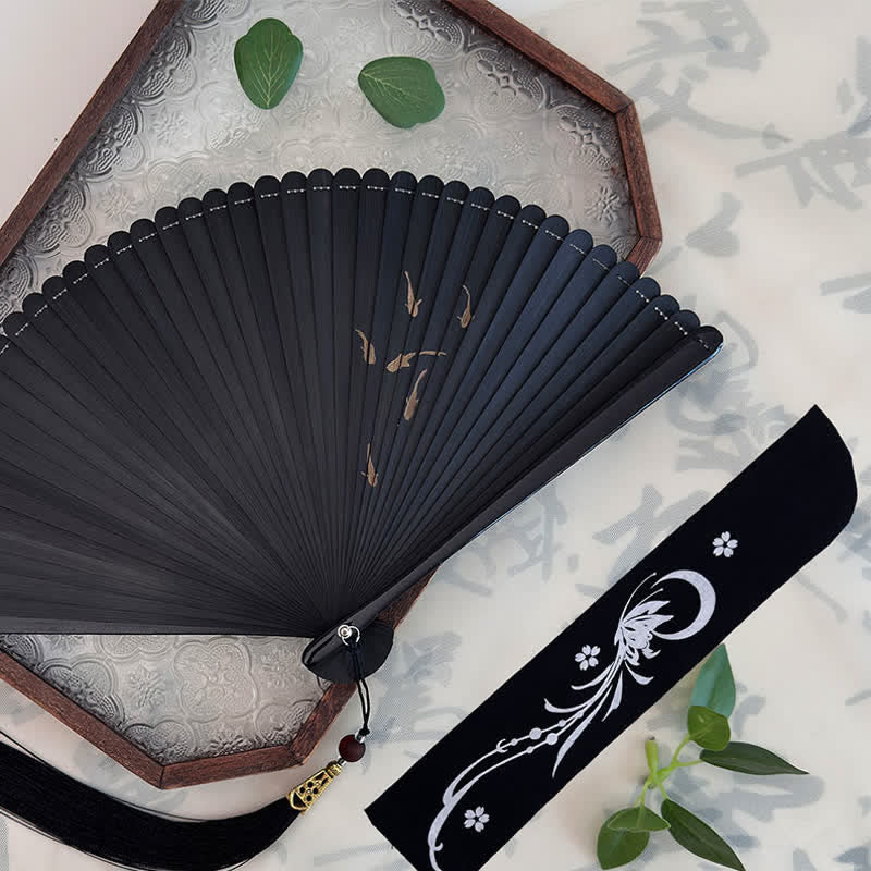 Buddha Stones Black Bamboo Koi Fish Lotus Osmanthus Swallows Dragonfly Pattern Folding Fan - Fish in Clear Ripples(Closed Size: Approx. 18 cm/7.1 in) - Decorative Fan - image 16