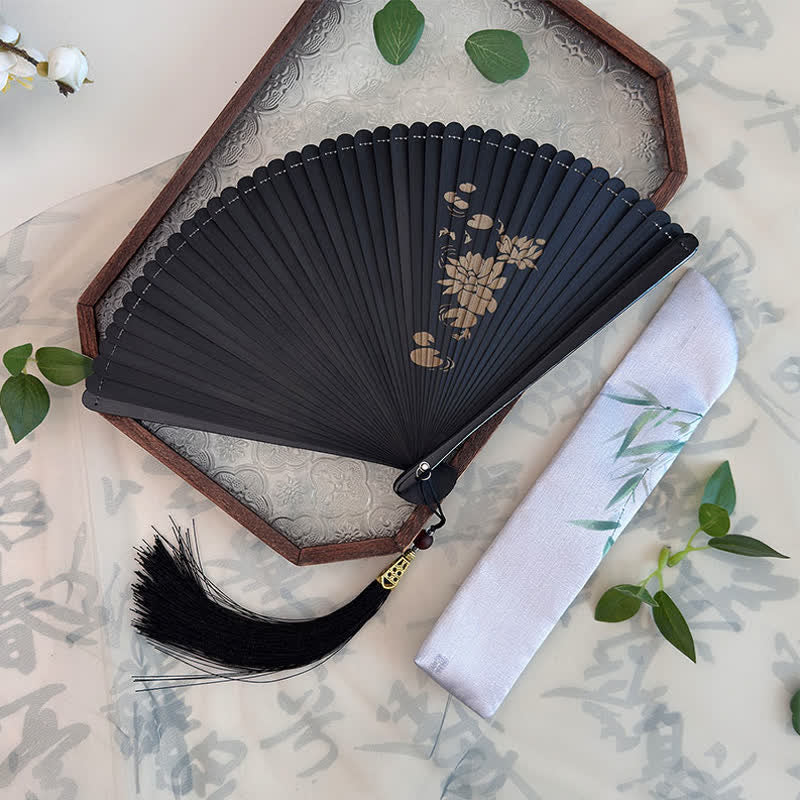 Buddha Stones Black Bamboo Koi Fish Lotus Osmanthus Swallows Dragonfly Pattern Folding Fan - image 1