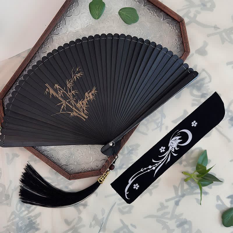 Buddha Stones Black Bamboo Koi Fish Lotus Osmanthus Swallows Dragonfly Pattern Folding Fan - Bamboo Shadows in the Breeze(Closed Size: Approx. 18 cm/7.1 in) - Decorative Fan - image 10