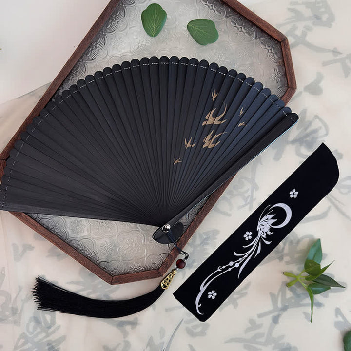 Buddha Stones Black Bamboo Koi Fish Lotus Osmanthus Swallows Dragonfly Pattern Folding Fan - image 14