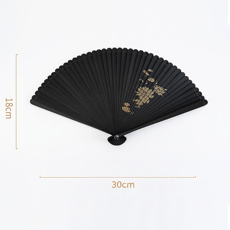 Buddha Stones Black Bamboo Koi Fish Lotus Osmanthus Swallows Dragonfly Pattern Folding Fan - image 9
