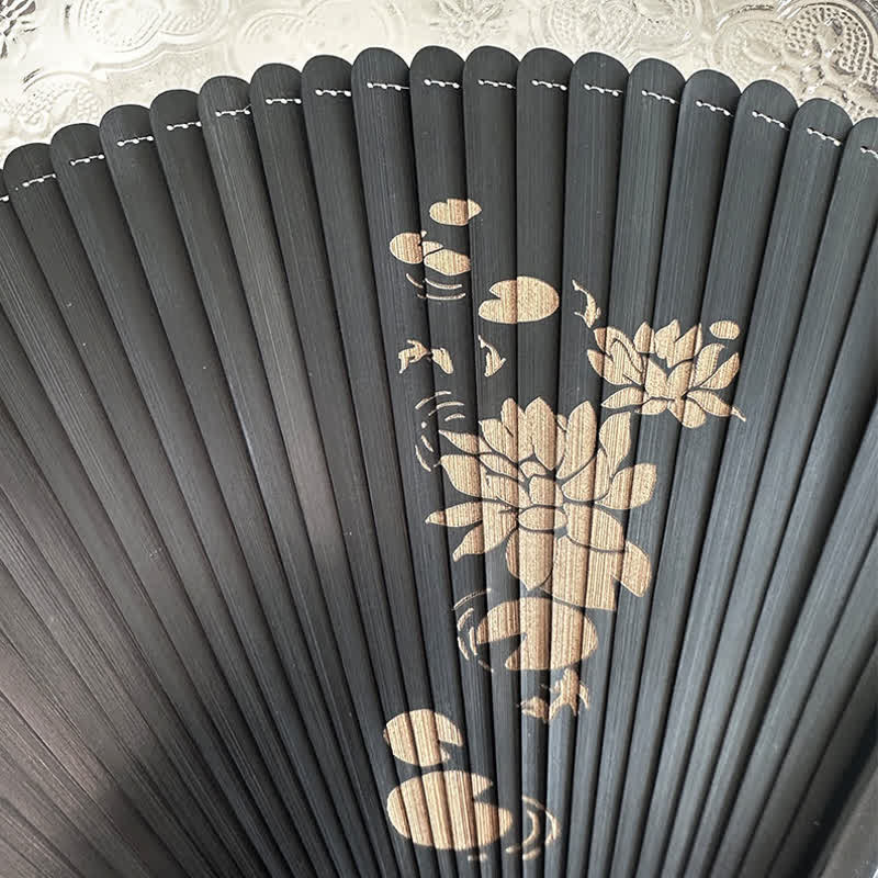 Buddha Stones Black Bamboo Koi Fish Lotus Osmanthus Swallows Dragonfly Pattern Folding Fan - image 3