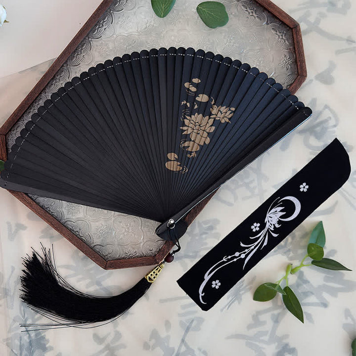 Buddha Stones Black Bamboo Koi Fish Lotus Osmanthus Swallows Dragonfly Pattern Folding Fan - Dew on the Lotus Pond(Closed Size: Approx. 18 cm/7.1 in) - Decorative Fan - image 0