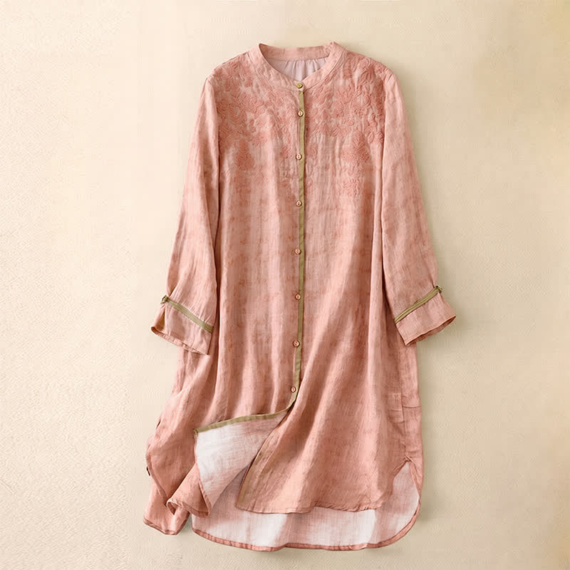 Buddha Stones Summer Casual Embroidered Stand Collar Design Three Quarter Sleeve Midi Dress - Pink - US8-10，UK/AU12-14，EU40-42 (2XL) - image 22