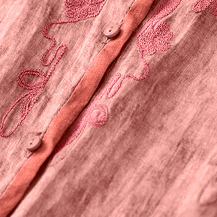 Buddha Stones Summer Casual Embroidered Stand Collar Design Three Quarter Sleeve Midi Dress - image 8