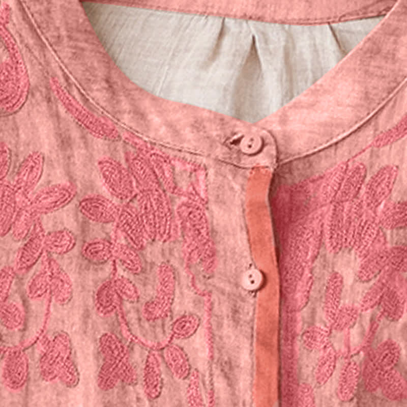 Buddha Stones Summer Casual Embroidered Stand Collar Design Three Quarter Sleeve Midi Dress - image 7