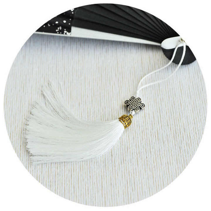 Buddha Stones Midnight Speckle Bamboo Chinese Knotting Tassel Folding Fan - image 6