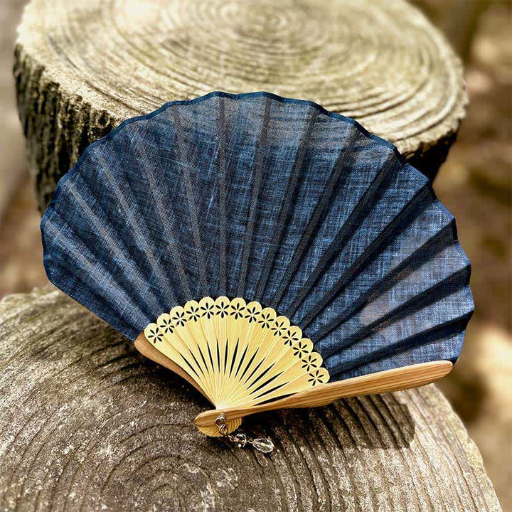 Buddha Stones Elegant Cotton Linen Texture Bamboo Hanfu Style Folding Fan 21.5 cm - Deep Blue - Closed Size: Approx. 21.5 cm / 8.5 in - image 11