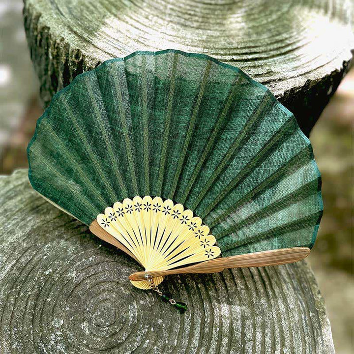 Buddha Stones Elegant Cotton Linen Texture Bamboo Hanfu Style Folding Fan 21.5 cm - Green - Closed Size: Approx. 21.5 cm / 8.5 in - image 0