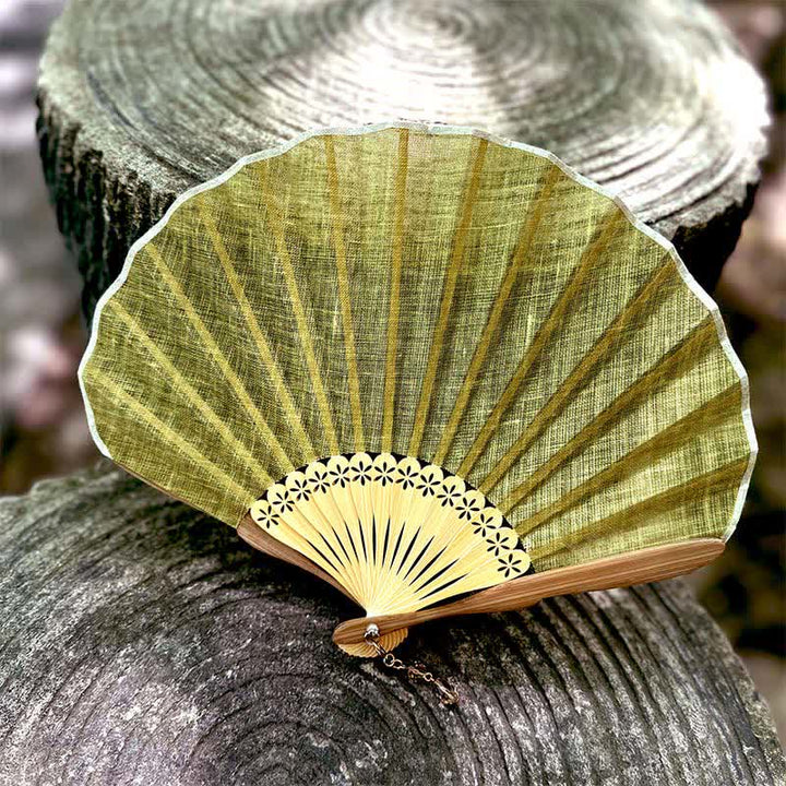 Buddha Stones Elegant Cotton Linen Texture Bamboo Hanfu Style Folding Fan 21.5 cm - Ginger Yellow - Closed Size: Approx. 21.5 cm / 8.5 in - image 6
