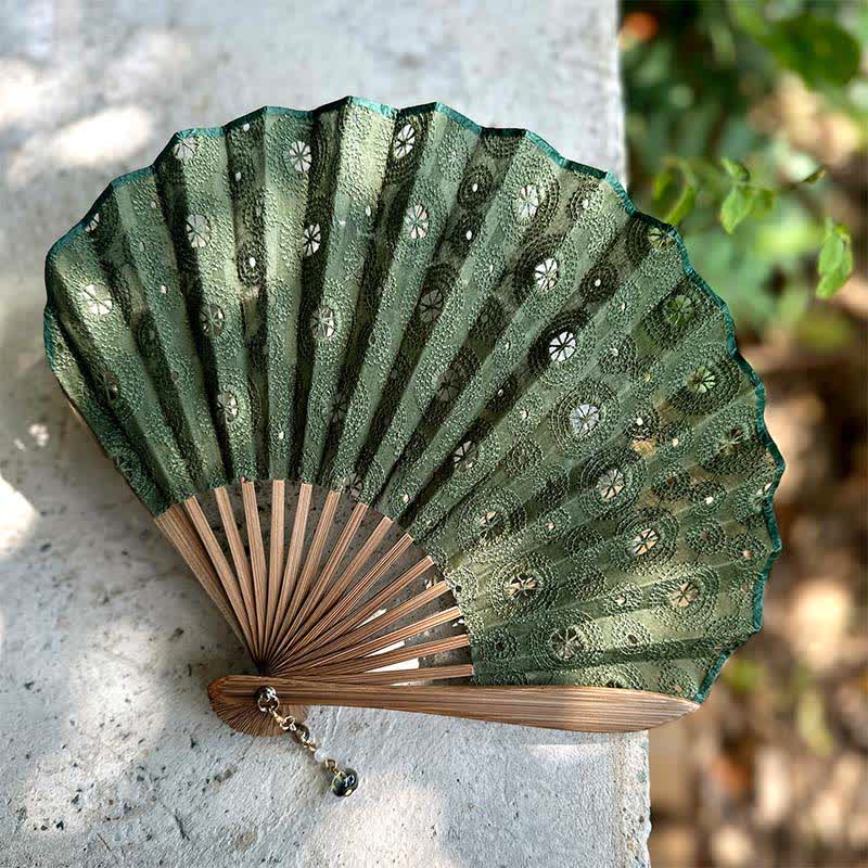 Buddha Stones Flower Lotus Purity Embroidered Cotton Linen Bamboo Folding Fan - Dark Green - Closed Size: Approx. 21.5 cm / 8.5 in - image 1