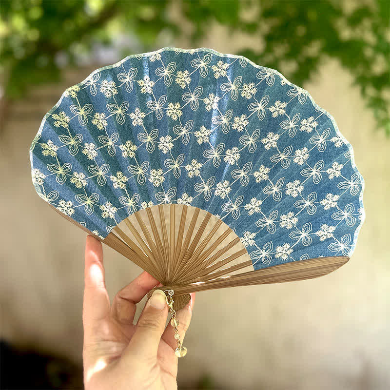 Buddha Stones Flower Lotus Purity Embroidered Cotton Linen Bamboo Folding Fan - Navy Blue - Closed Size: Approx. 21.5 cm / 8.5 in - image 0