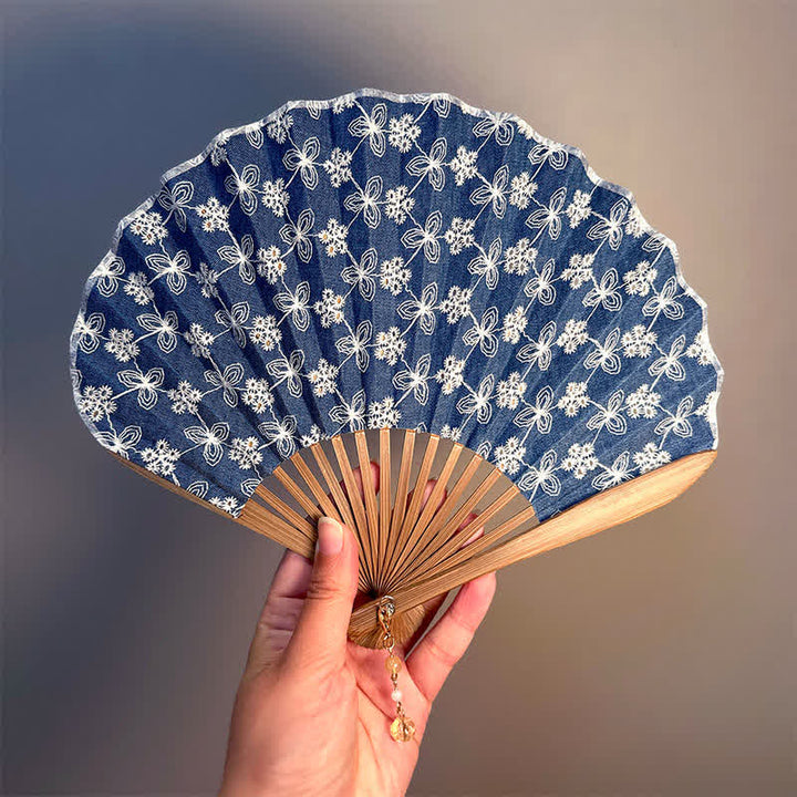 Buddha Stones Flower Lotus Purity Embroidered Cotton Linen Bamboo Folding Fan - Deep Navy - Closed Size: Approx. 21.5 cm / 8.5 in - image 4