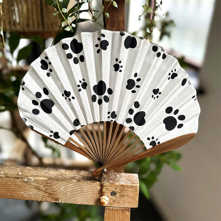 Buddha Stones Cotton Linen Dog Cat Paw Print Bamboo Folding Fan 21.5 cm - White - Closed Size: Approx. 21.5 cm / 8.5 in - image 6