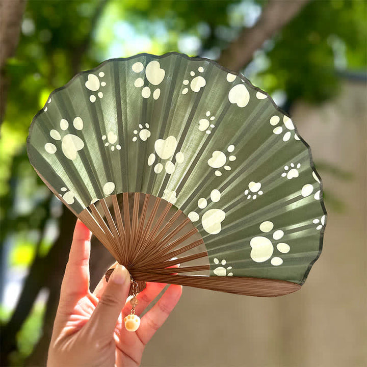 Buddha Stones Cotton Linen Dog Cat Paw Print Bamboo Folding Fan 21.5 cm - Olive Green - Closed Size: Approx. 21.5 cm / 8.5 in - image 5