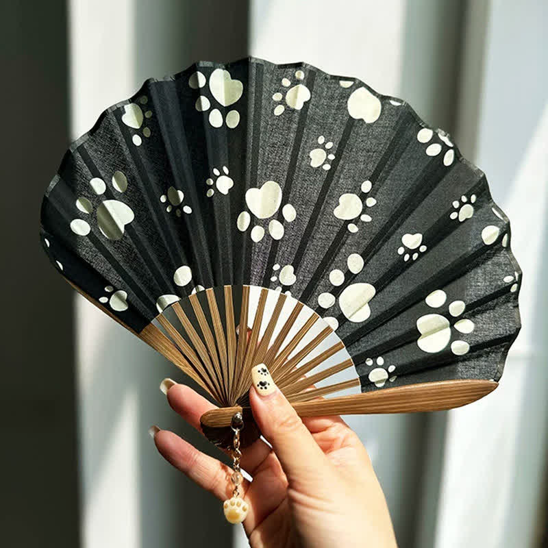 Buddha Stones Cotton Linen Dog Cat Paw Print Bamboo Folding Fan 21.5 cm - Black - Closed Size: Approx. 21.5 cm / 8.5 in - image 0